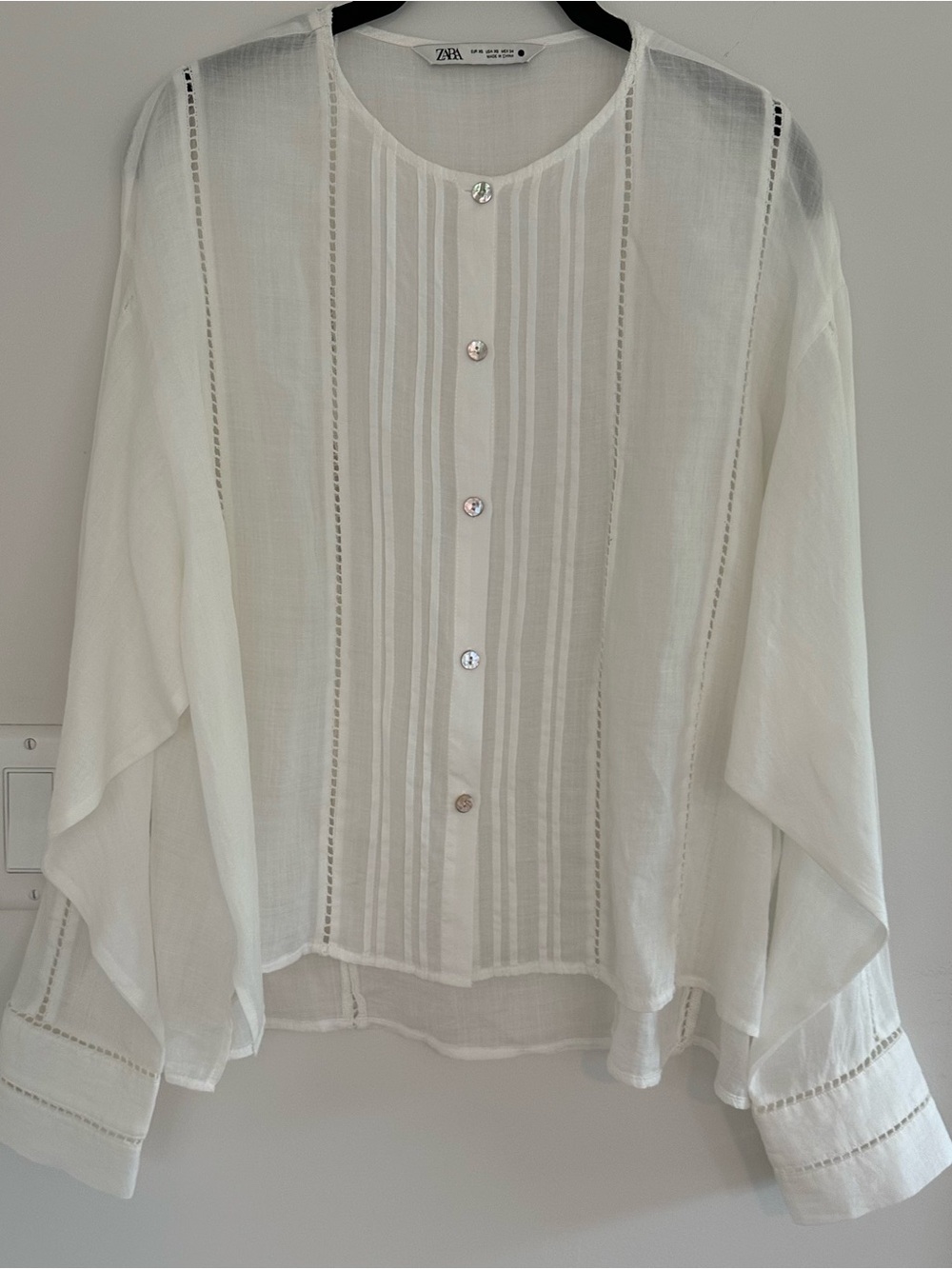 Zara Off-White Sheer Pintuck Button-Front Blouse with Ladder Trim